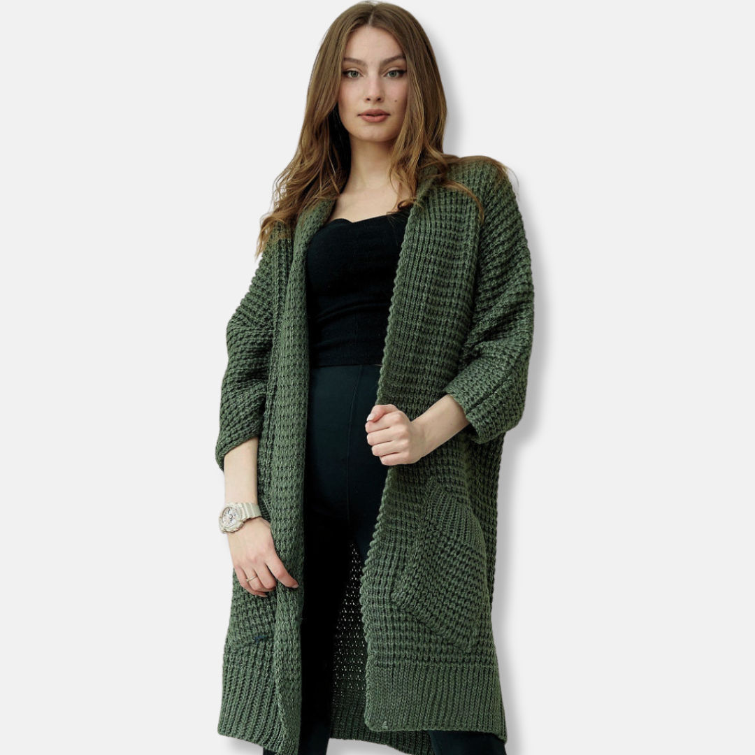 Women's Knitted Coat – Oversized Fit – Chunky Knit – Open Front – Patch Pockets