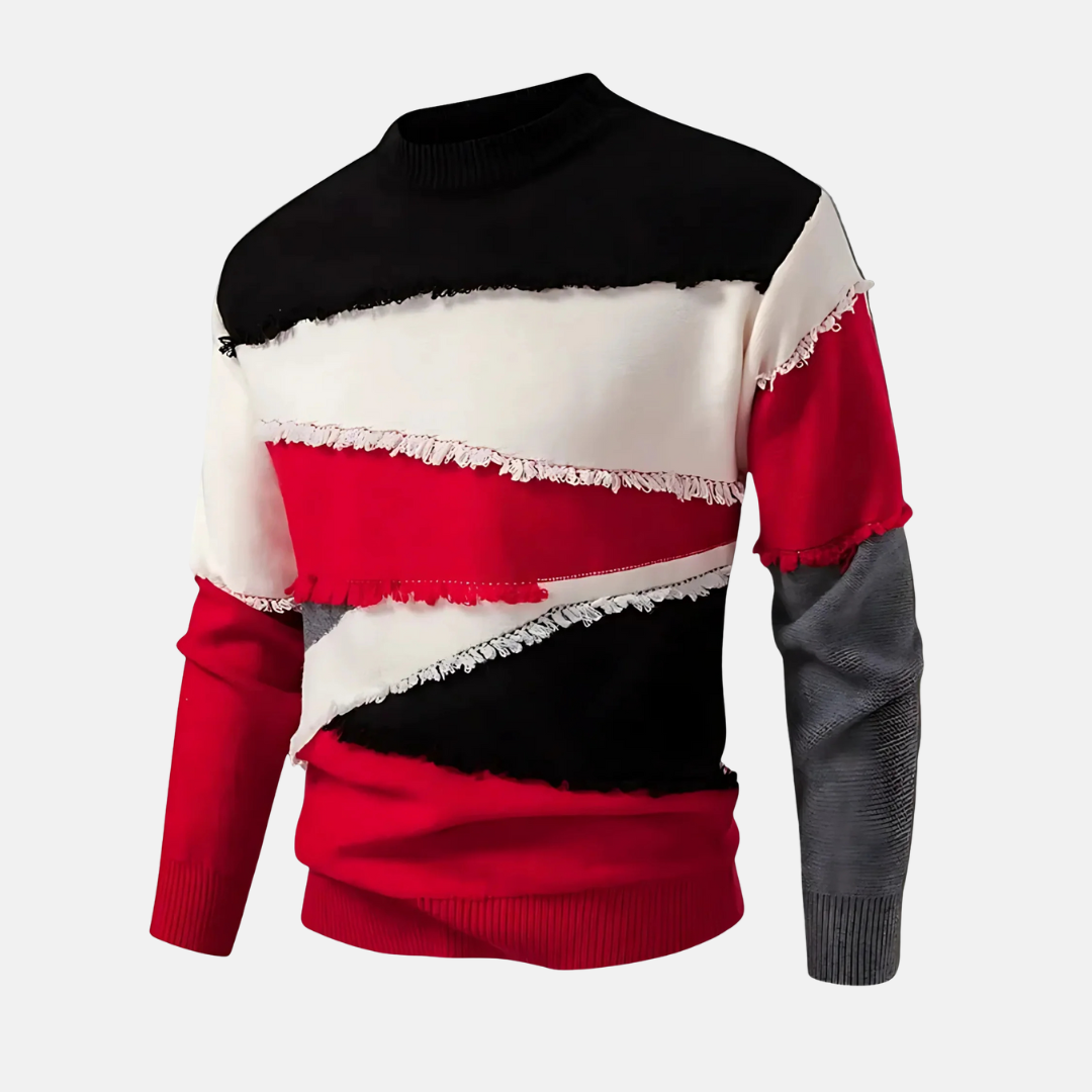 Men's Sweatshirt – Regular Fit – Half Turtleneck – Cotton Blend – Colorblock with Frayed Edges