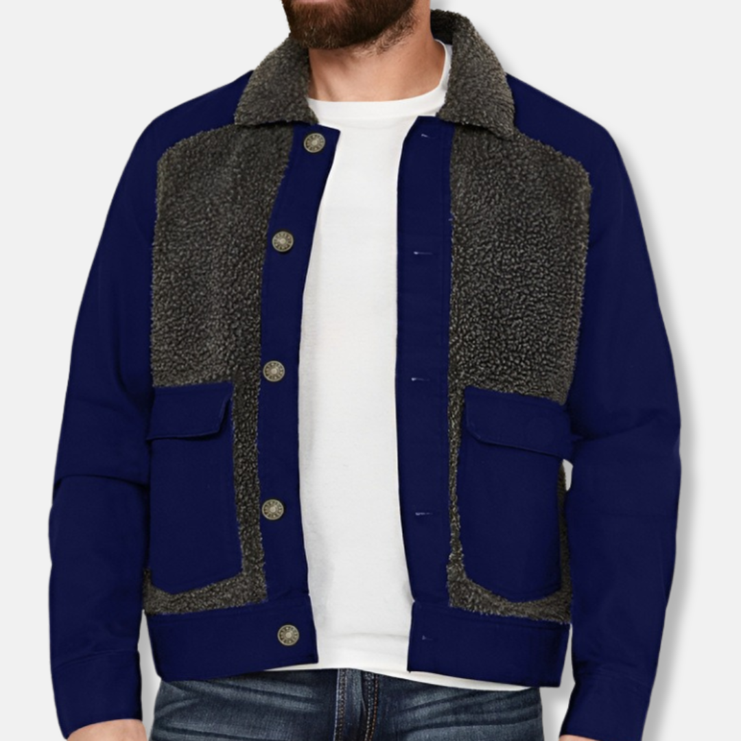 Men's trucker jacket – Regular fit – Sherpa collar – Patchwork design – Hip-length model