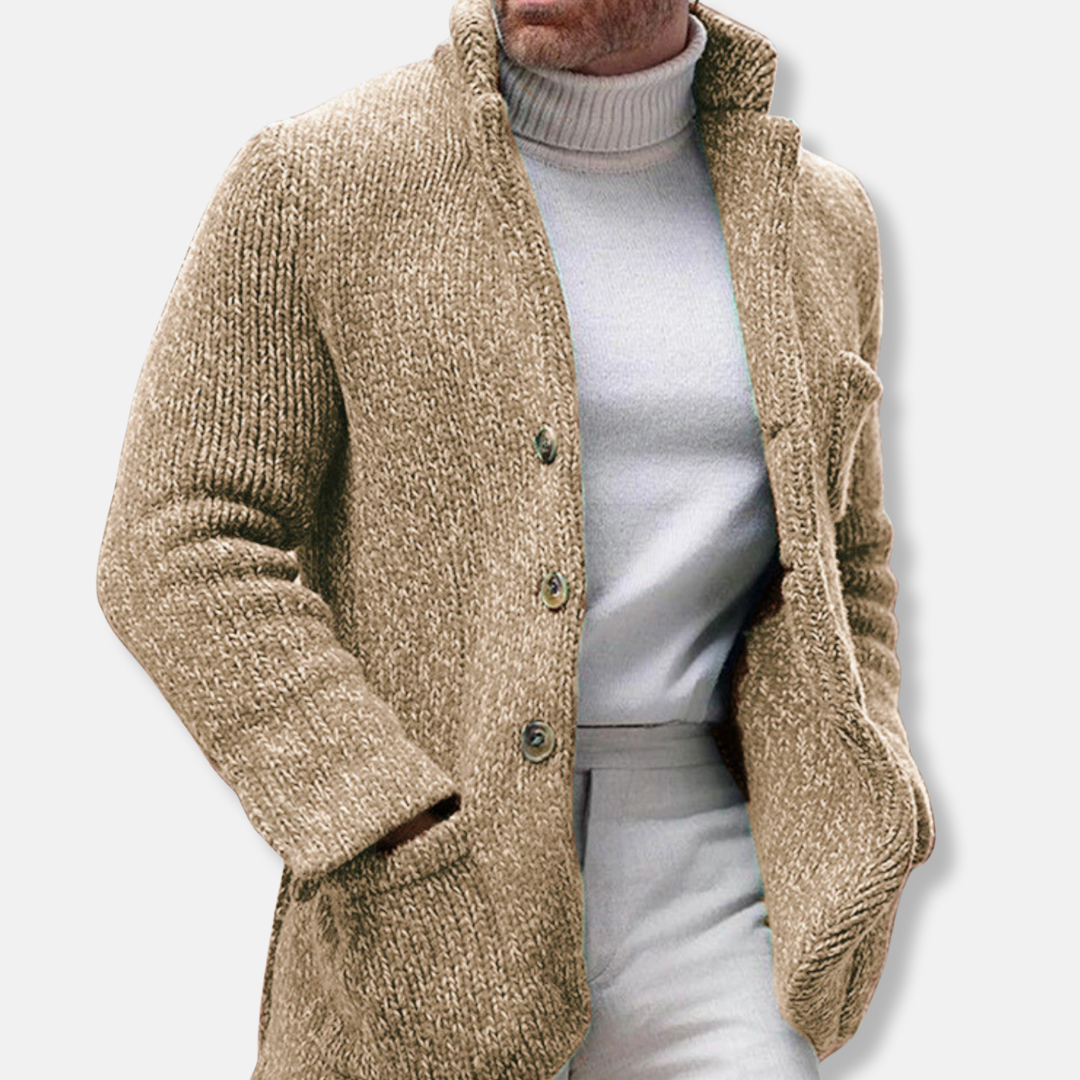 Men's Cardigan – Knitted Wool – Regular Fit – Stand-Up Collar – Patch Pockets