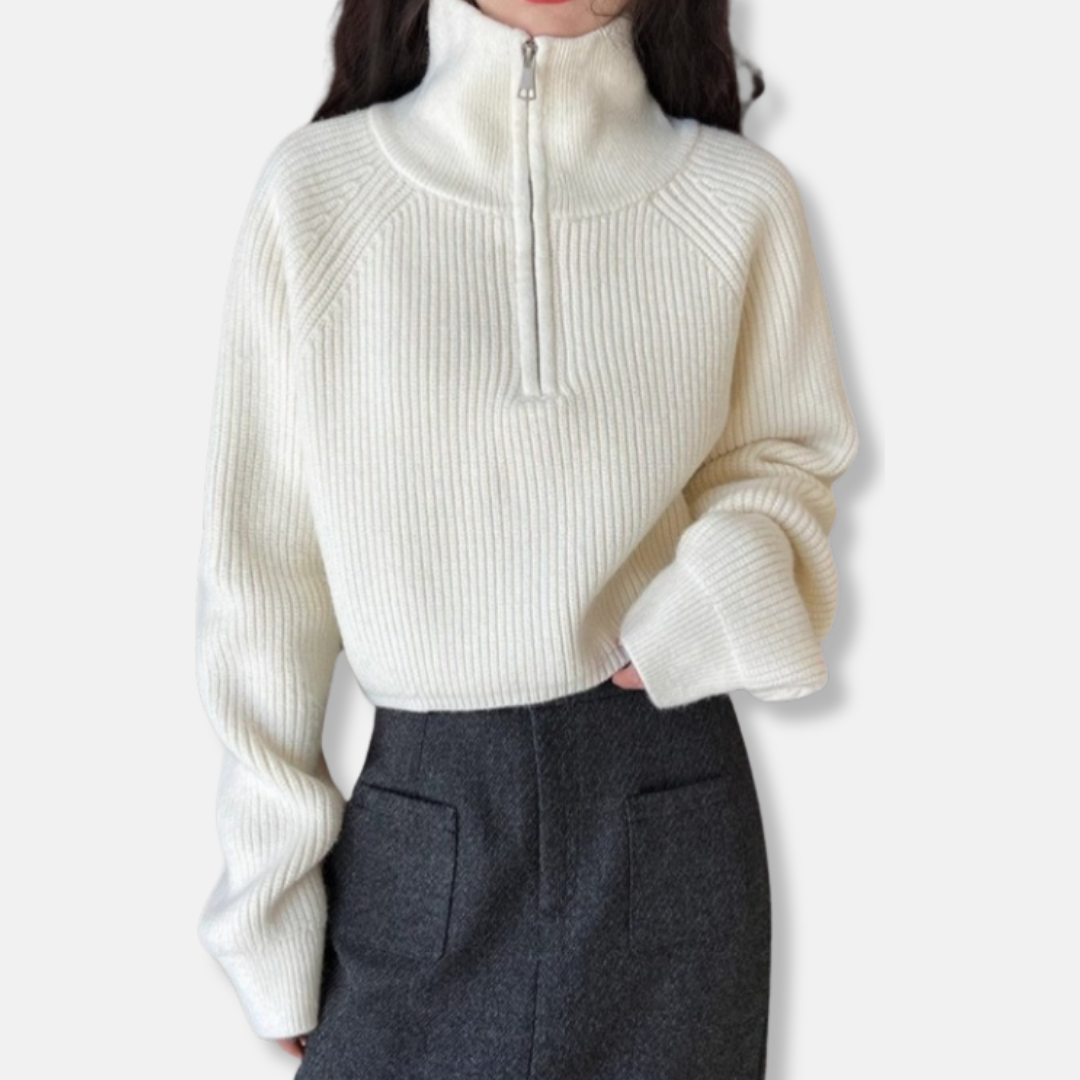 Ladies Pullover Sweater - Ribbed Knit - Cropped - Roll Neck - Long Sleeves