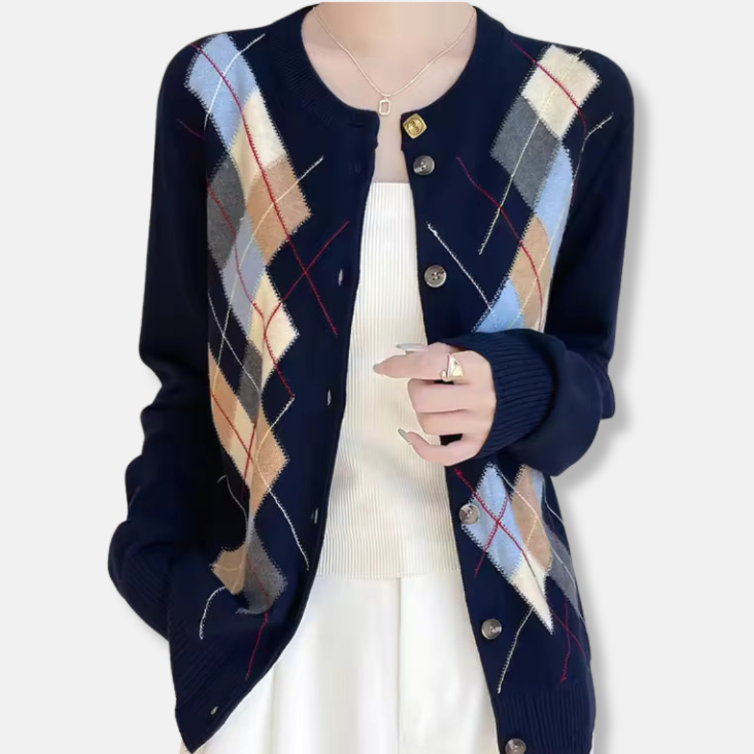 Women's cardigan – Wool knit – Relaxed fit – Argyle pattern – Button closure – Round neck
