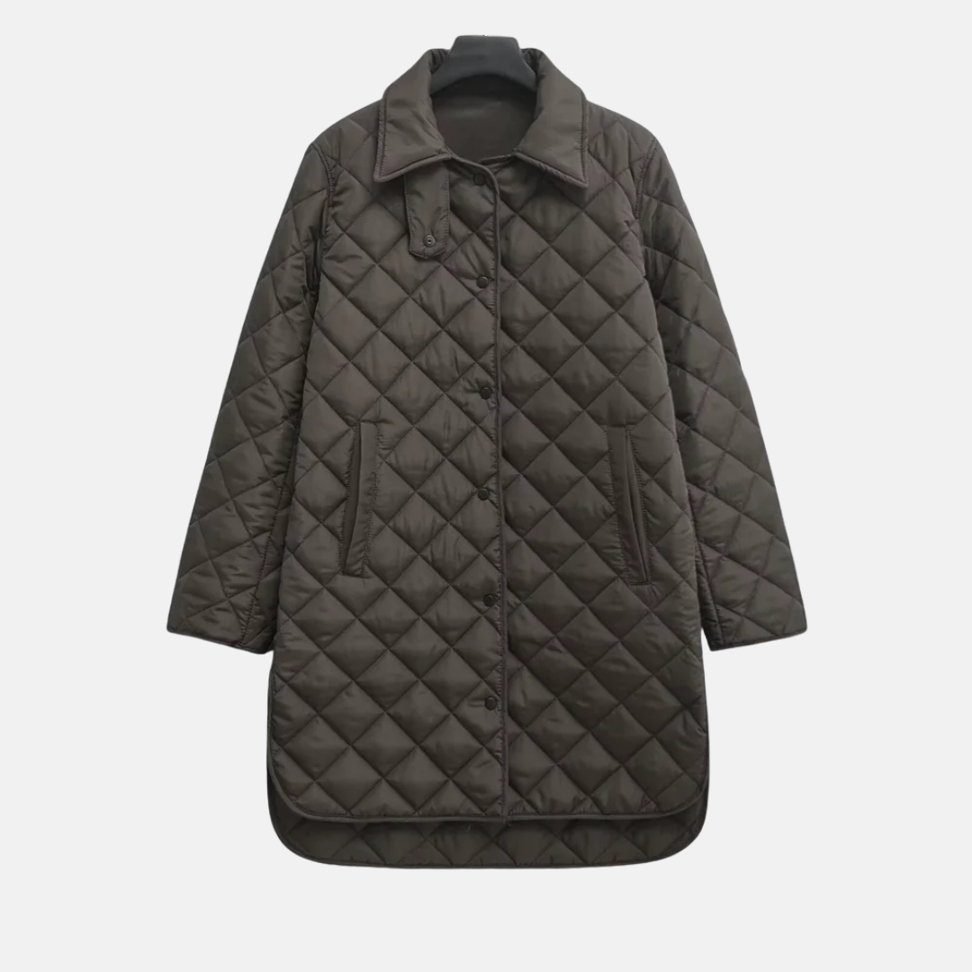 Women's Coat – Quilted – Relaxed Fit – Mid Length – Diamond Stitching – Button Closure