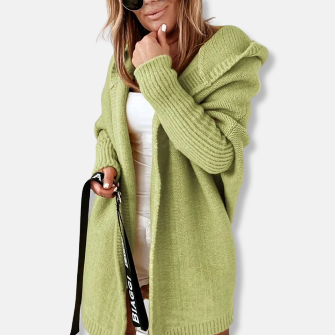 Women's Cardigan With Hood - Soft Knit - Loose Fit - Long Sleeve - Ribbed Edges