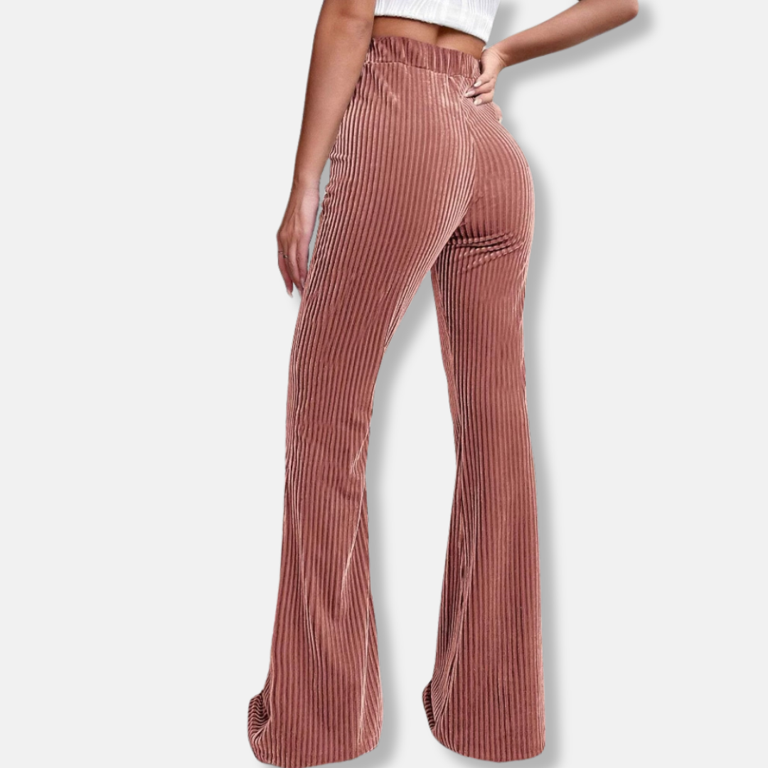 Women's Flared Pants – High Waist – Ribbed Texture – Elastic Pull-On Fit