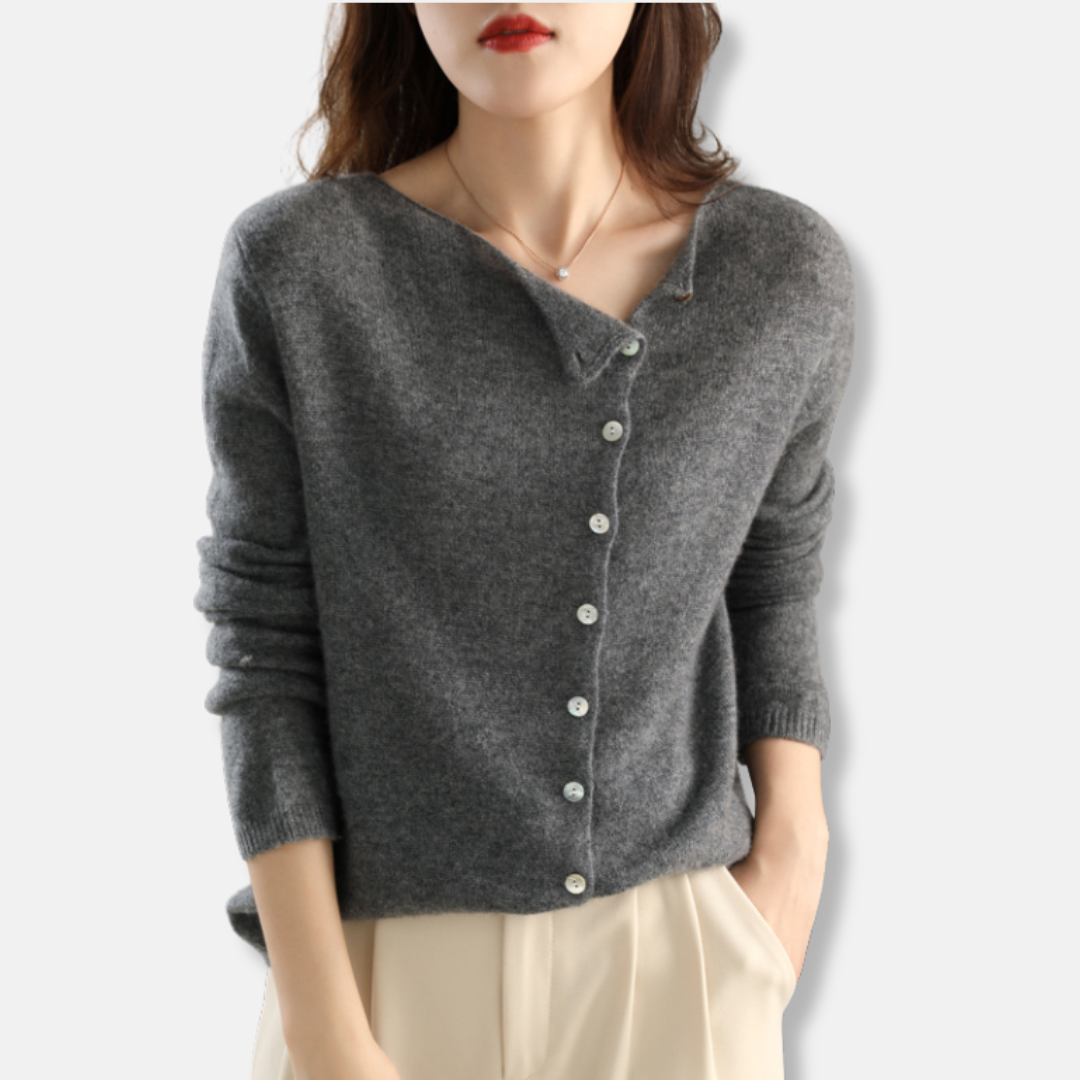 Ladies Knitted Cardigan – Relaxed Fit – Asymmetrical Closure – Long Sleeves Ribbed Cuffs