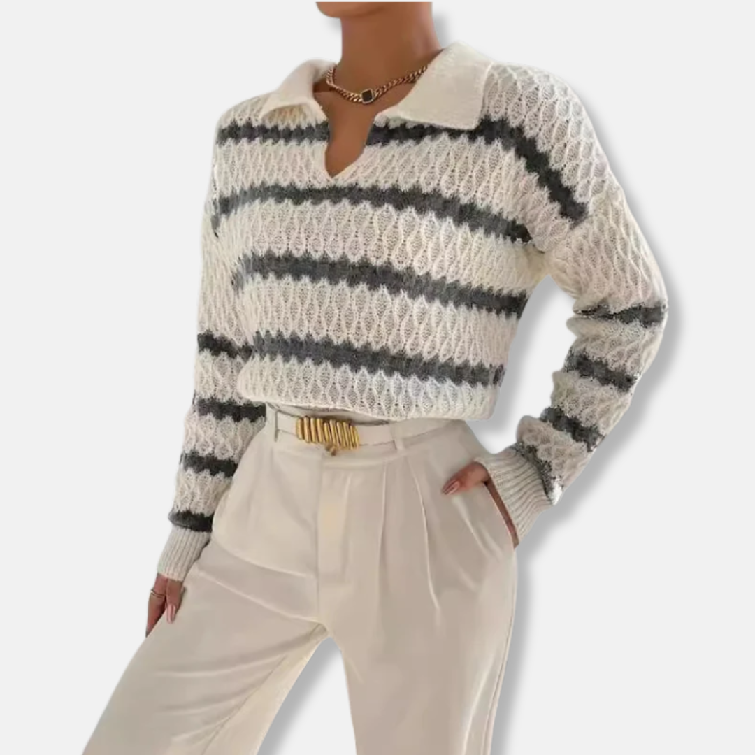 Women's Sweater - Knitted Fabric - Polo Collar - Comfortable Fit - Cropped Length