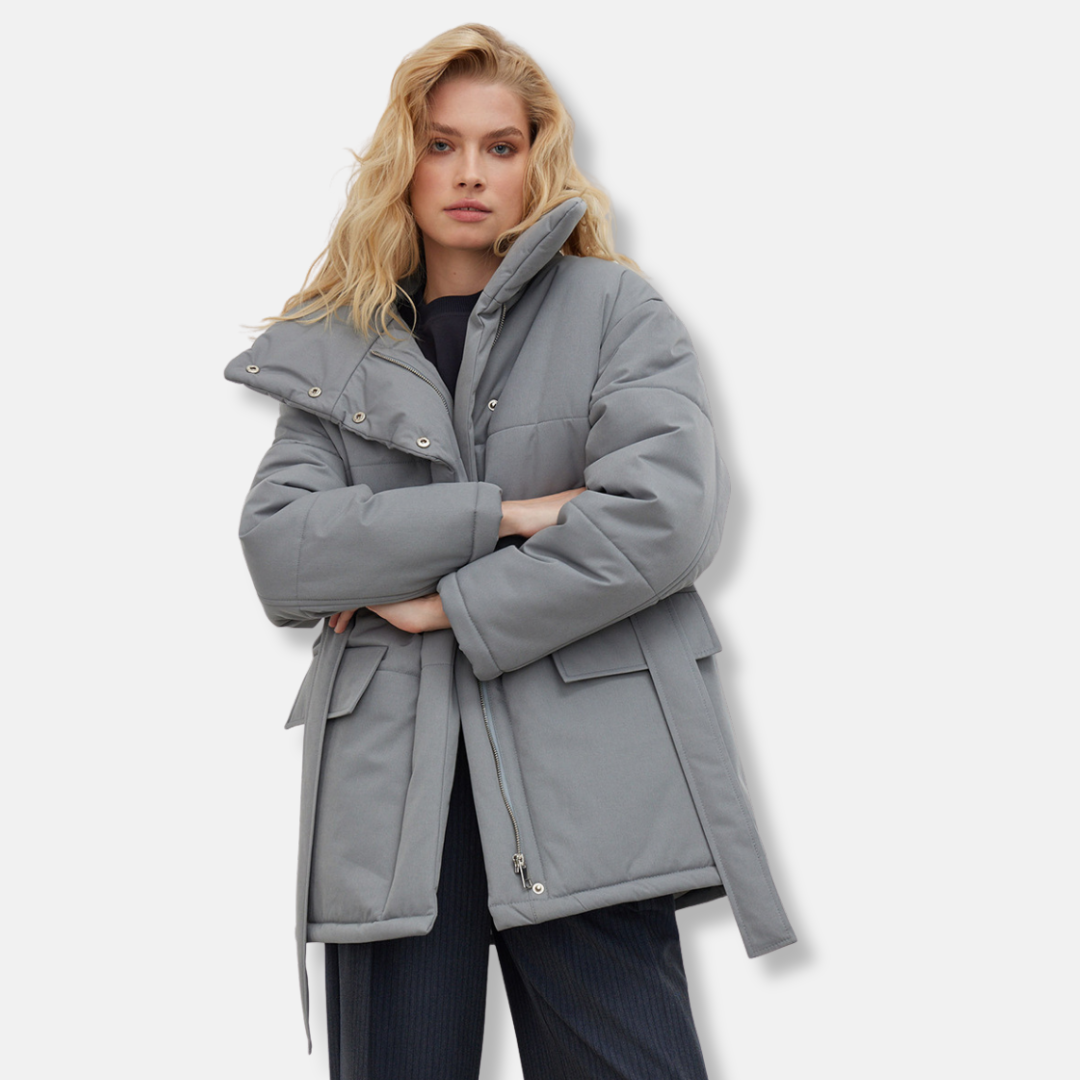Women's Down Jacket - Woven Fabric - Oversized - Stand Up Collar - Waistband
