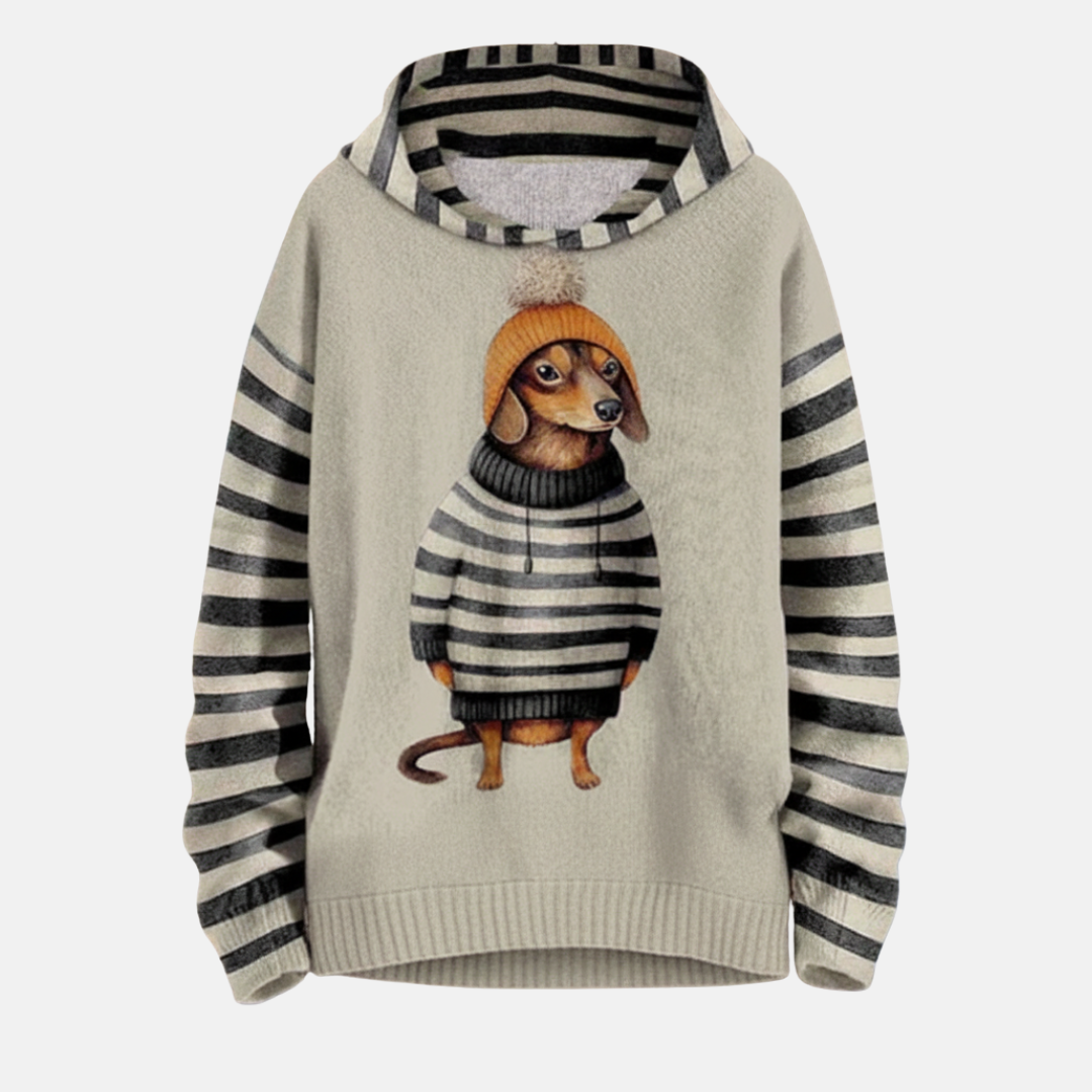Women's hoodie – Relaxed fit – Cartoon dog print – Striped sleeves