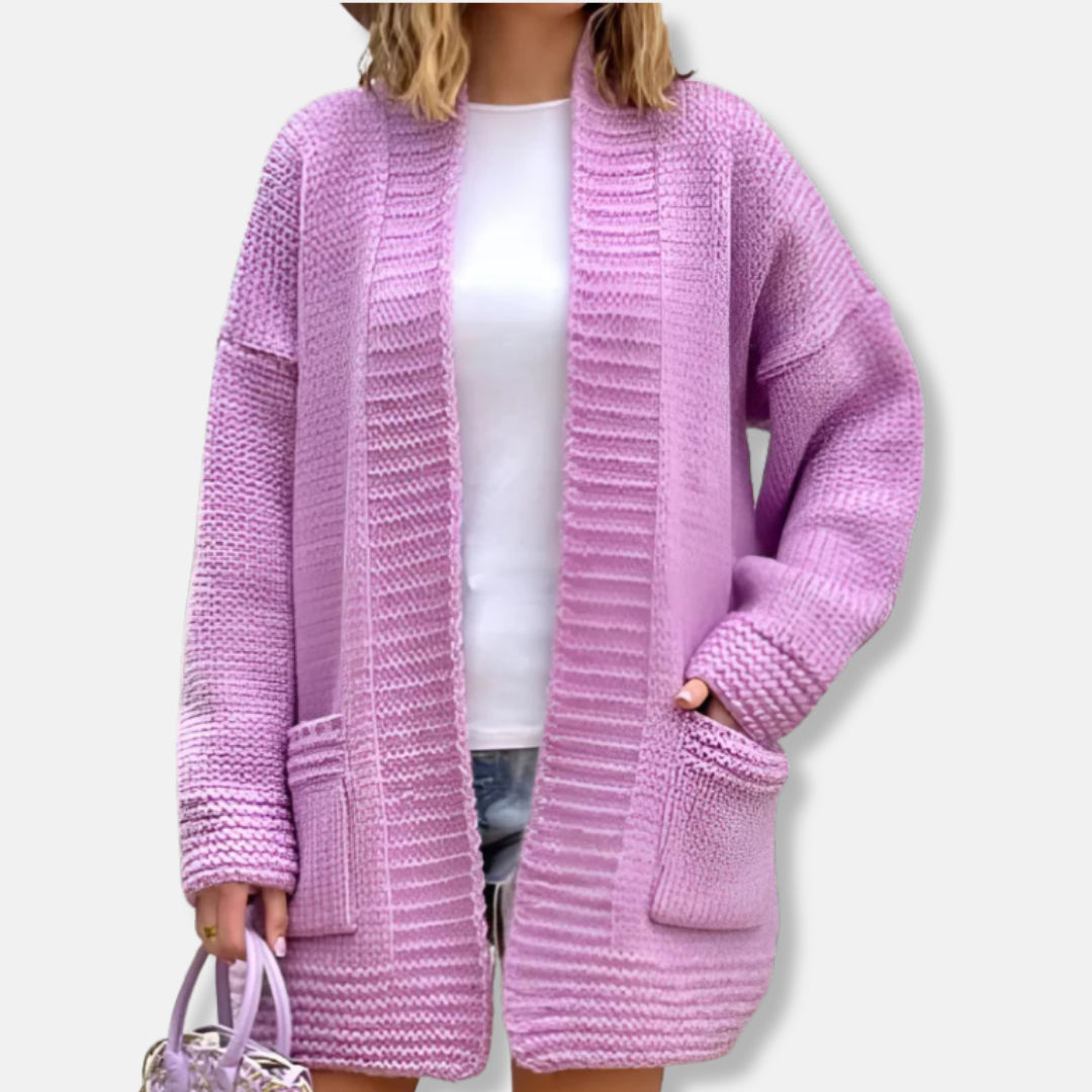 Ladies Cardigan Long Model – Knitted Fabric – Oversized Fit – Open Front with Pockets