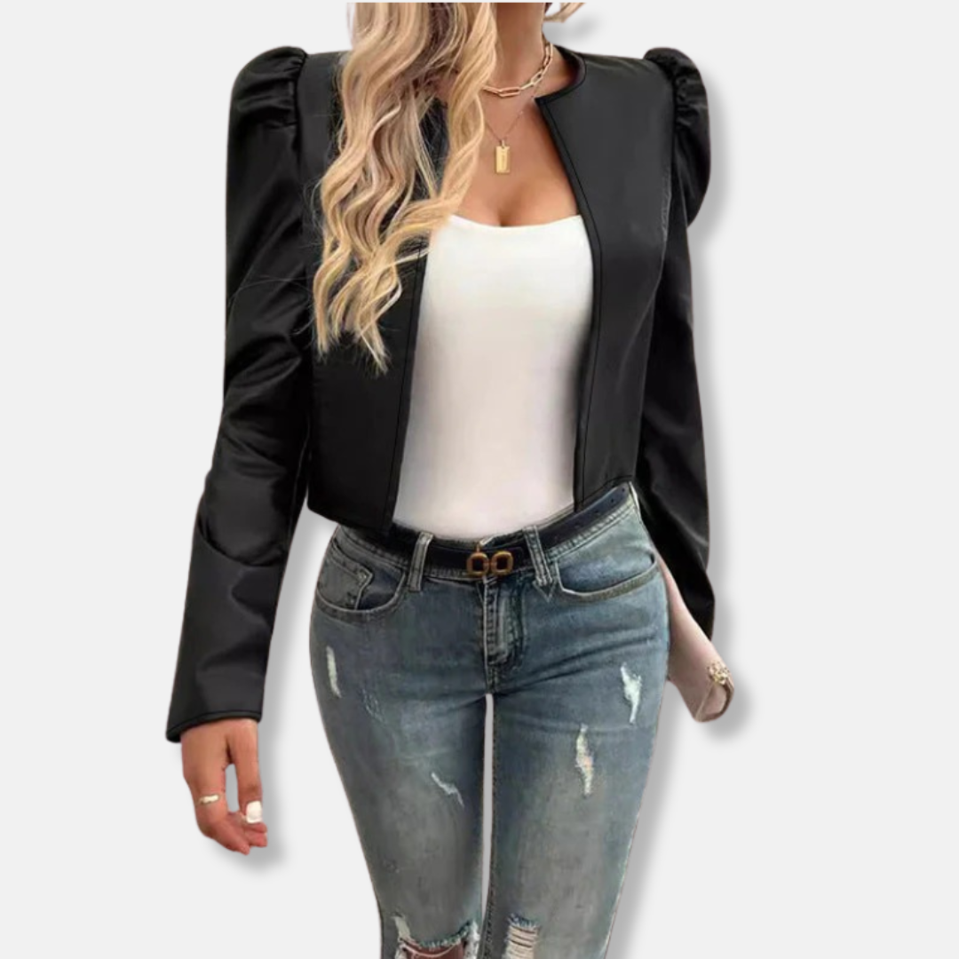 Ladies Blazer - Woven Fabric - Cropped - Collarless Neck - Puff Sleeves