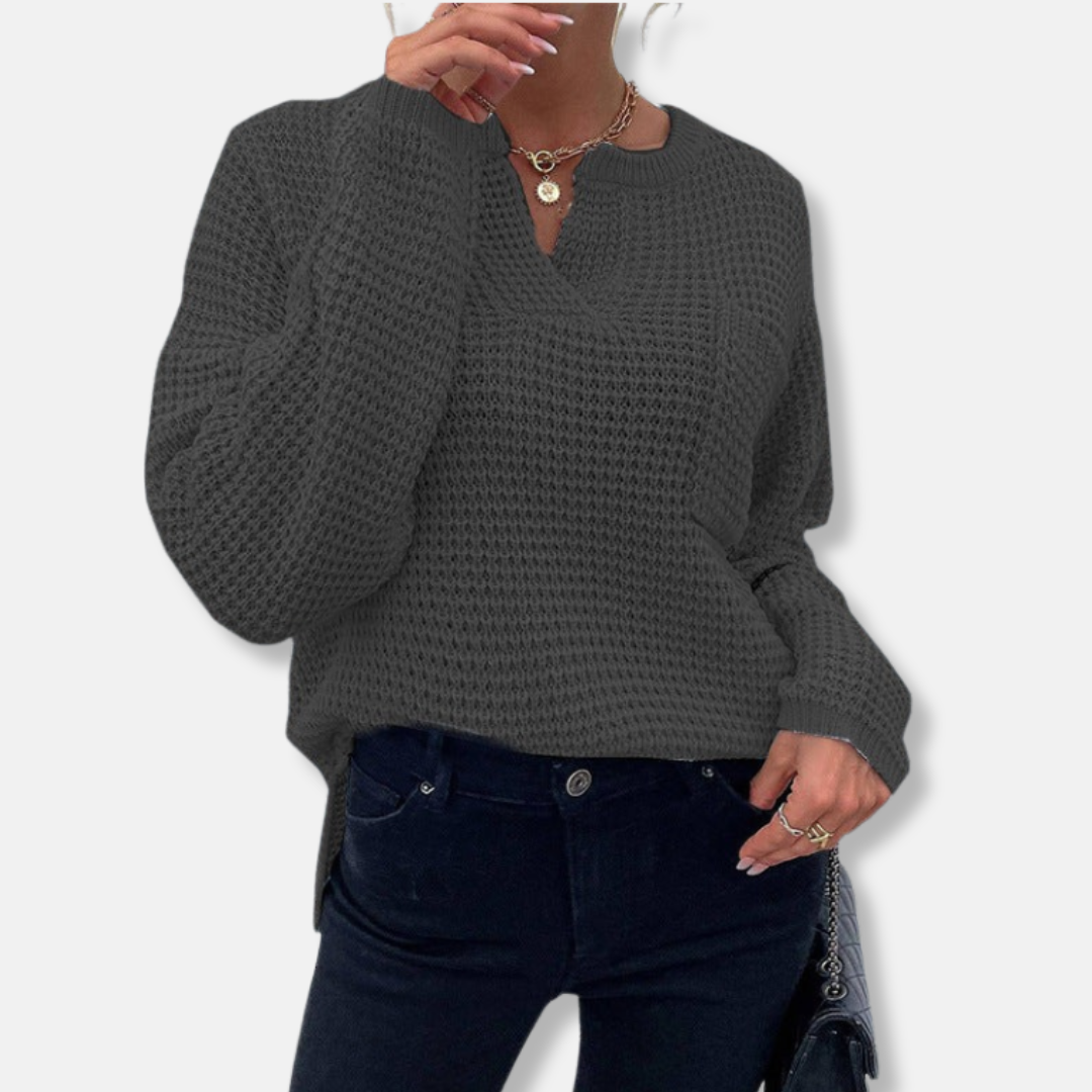 Ladies Sweater – Relaxed Fit – Waffle Texture – V-Neck – Long Sleeves – Cotton Blend