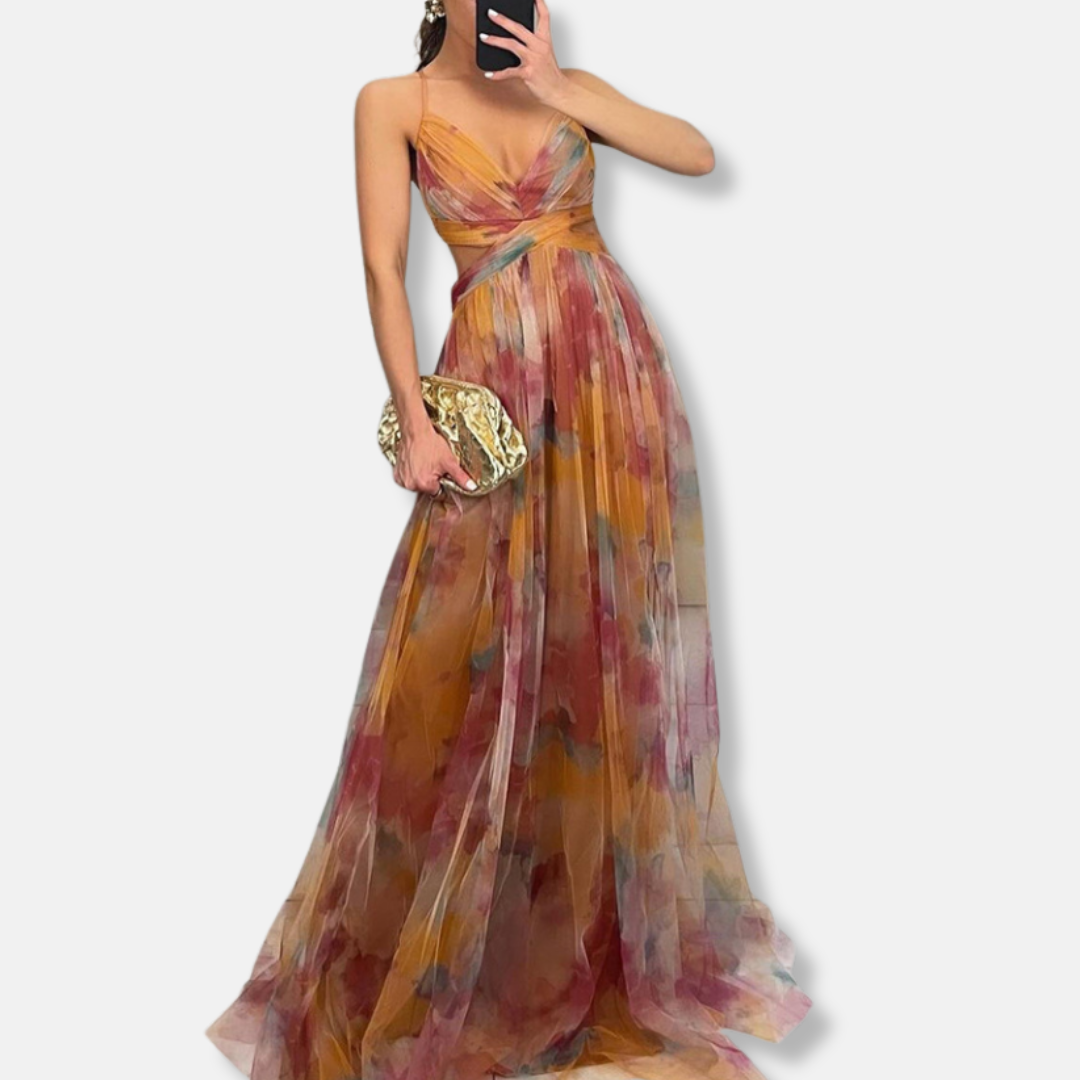 Evening dress for women - Flowing silhouette - V-neck - Bold floral motif