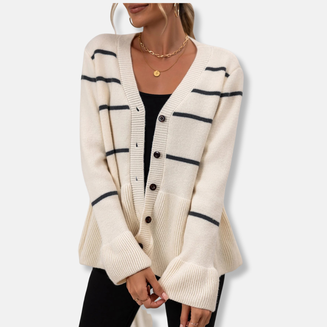 Women's Cardigan – V-neck – Loose-fitting – Knitted – Peplum Hem – Ribbed Edges – Striped
