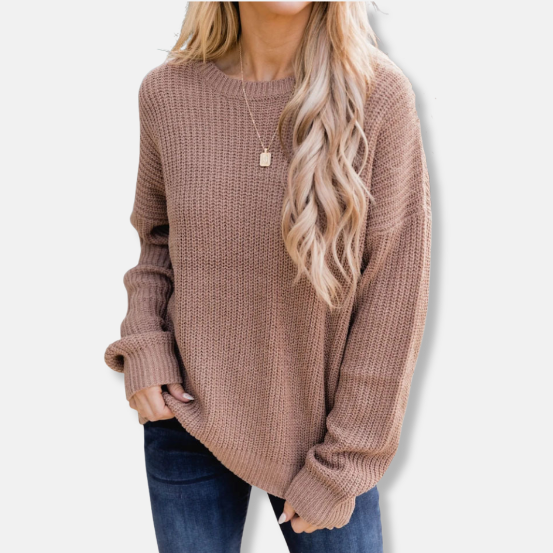 Women's Sweater – Knitted – Ribbed Texture – Relaxed Fit – Long Sleeves – Round Neck
