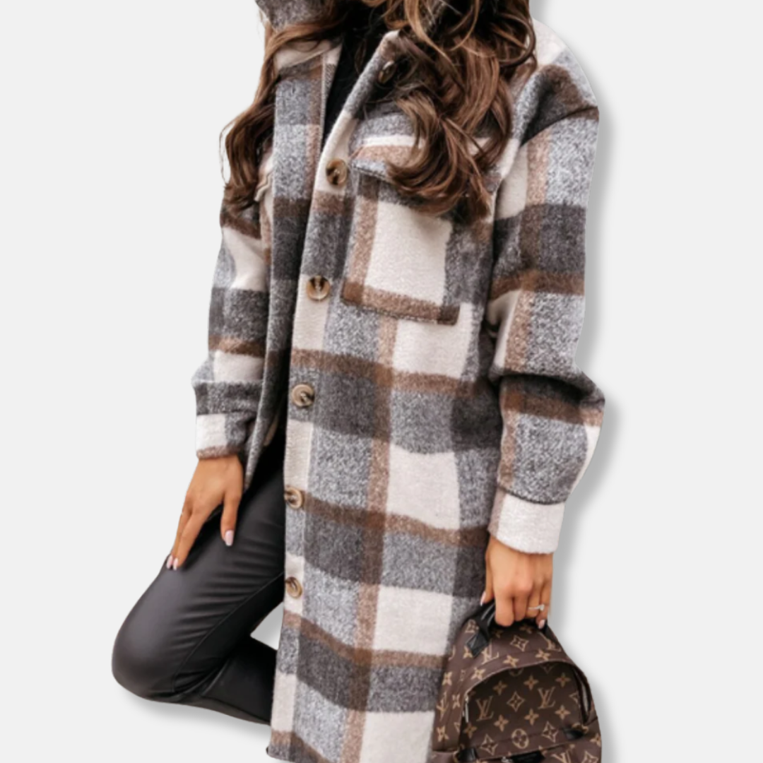 Women's shirt jacket – Oversized fit – Check pattern – Wool-look – Long sleeves with button fastening