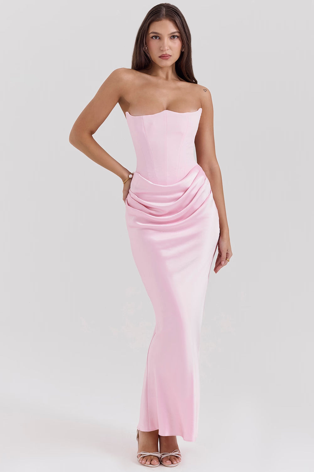 Satin Maxi Corset Dress in Pink