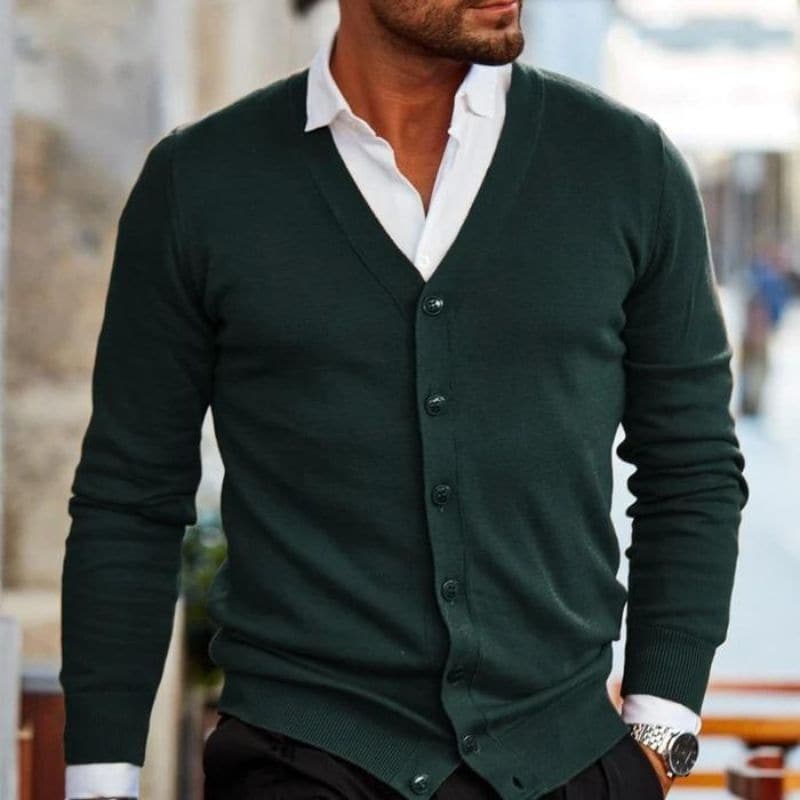 Men's Knitted Cardigan – V-neck – Cotton Blend – Regular Fit – Buttons – Ribbed Edges