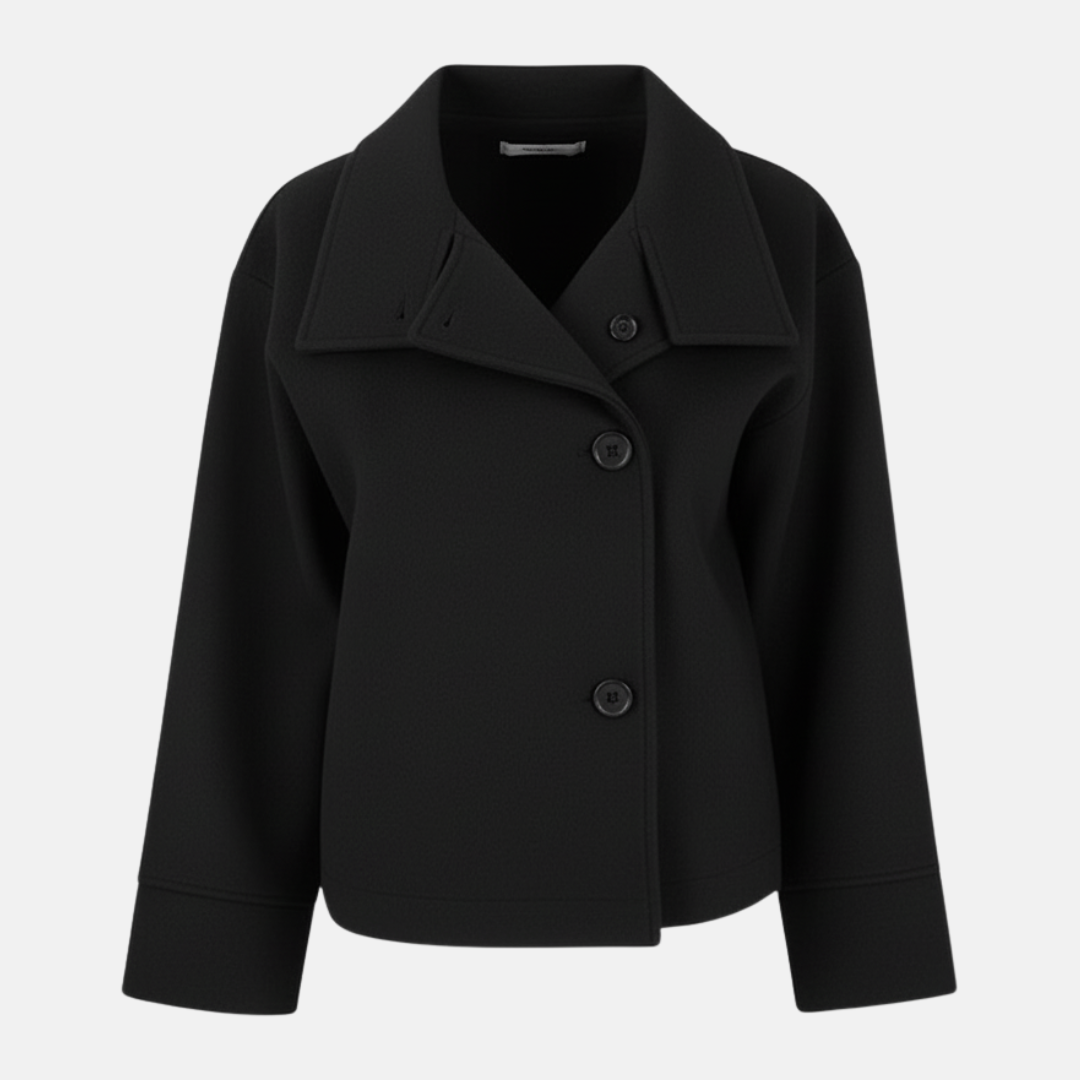 Ladies Coat – Oversized Fit – Woolly – Long Sleeves – Stand-up Collar – Asymmetrical Closure