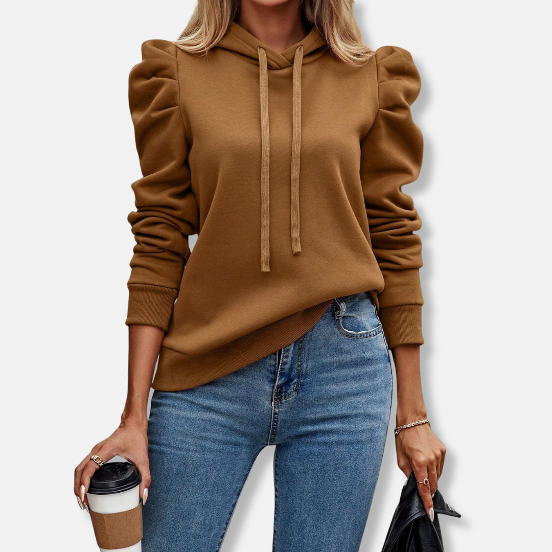 Women's Hoodie – Relaxed Fit – Puff Sleeves – Cotton Mix – Ribbed Trims