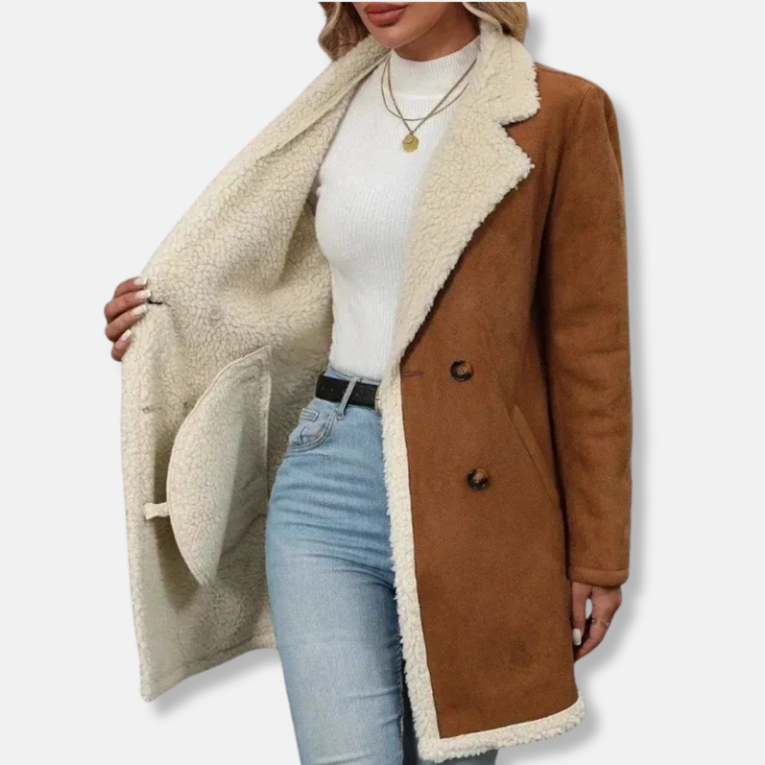 Women's mid-length coat – Relaxed fit– Double-row buttons – Wool blend – Plush lining