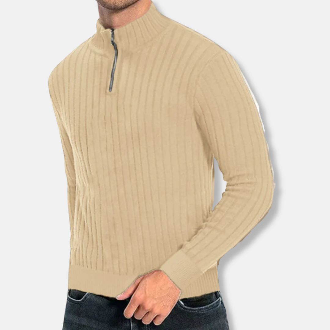 Men's Sweatshirt – Regular Fit – Ribbed Cotton – Mock Neck with Zipper – Long Sleeves