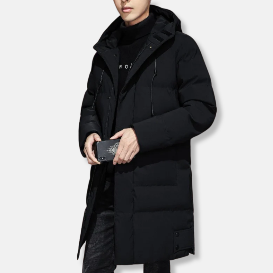 Men's Long Coat – Quilted Fabric – Hood – Ribbed Trims – Regular Fit