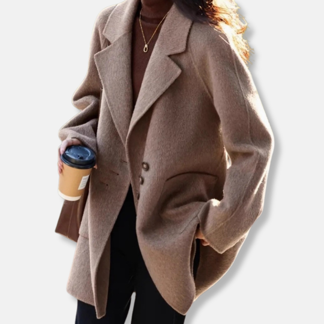 Ladies Coat – Wool Mix – Relaxed Fit – Double-breasted – Patch Pockets – Mid-length