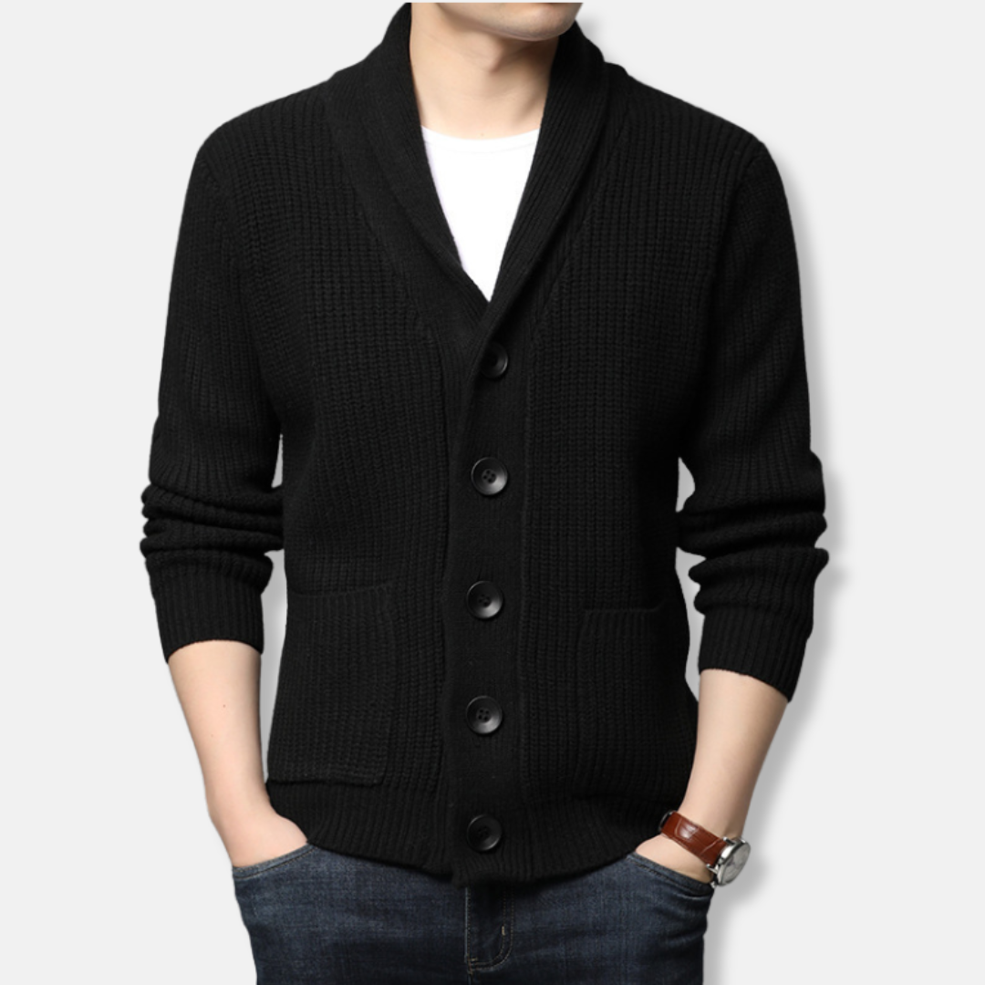 Men's Cardigan – Relaxed Fit – Wool Knit – Shawl Collar – Button Closure – Pocket Details