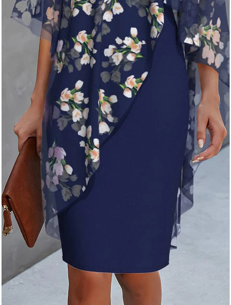 Midi Dress with Floral Print and Cape Detail for women