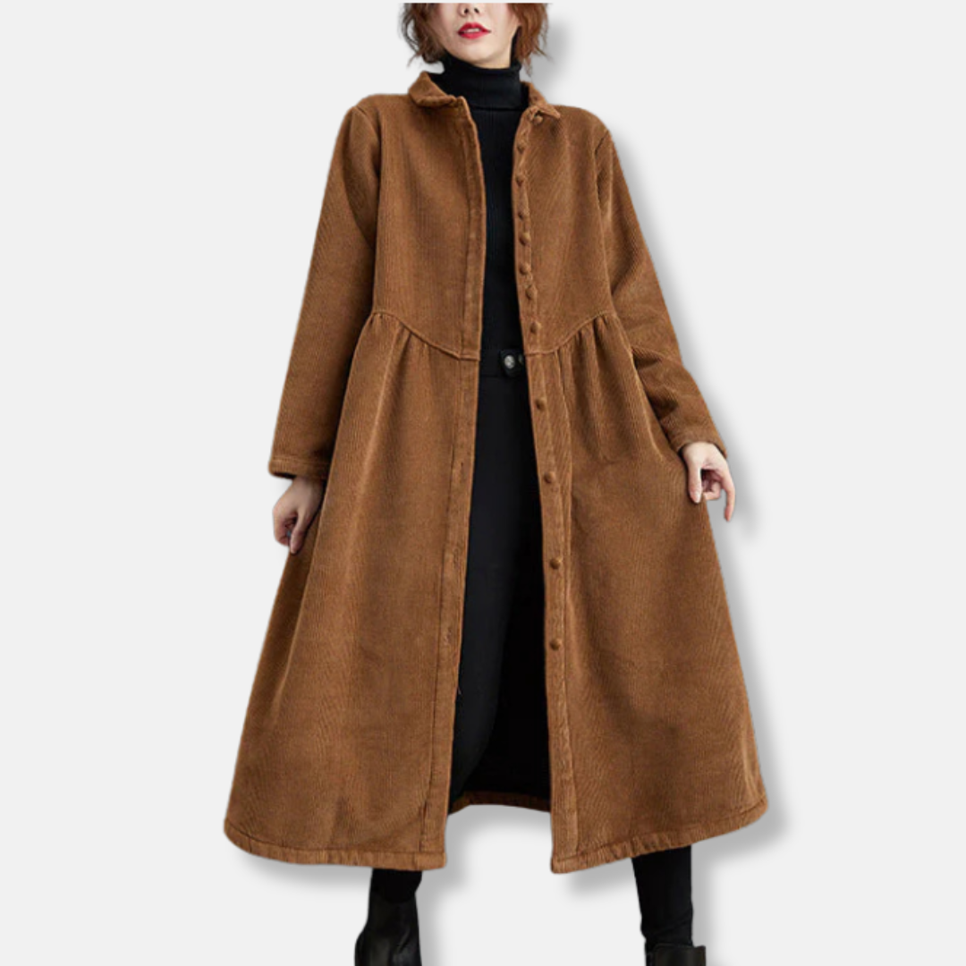 Women's Long Coat – Corduroy – A-line Loose Fit – High Collar – Button Closure – Midi