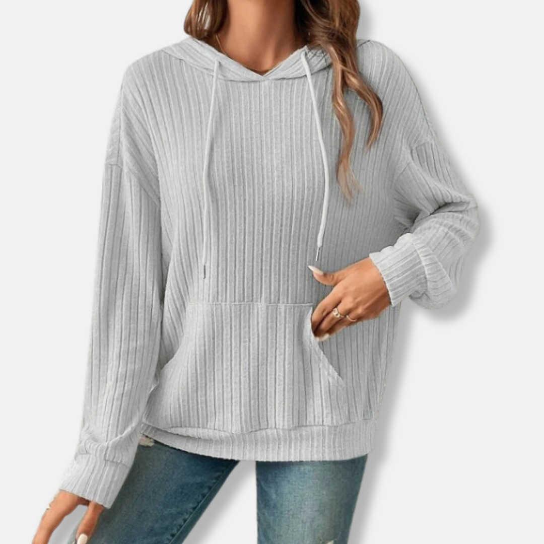 Women's Hoodie Sweater – Relaxed Fit – Ribbed Knit Fabric – Kangaroo Pocket – Drawstring Hood