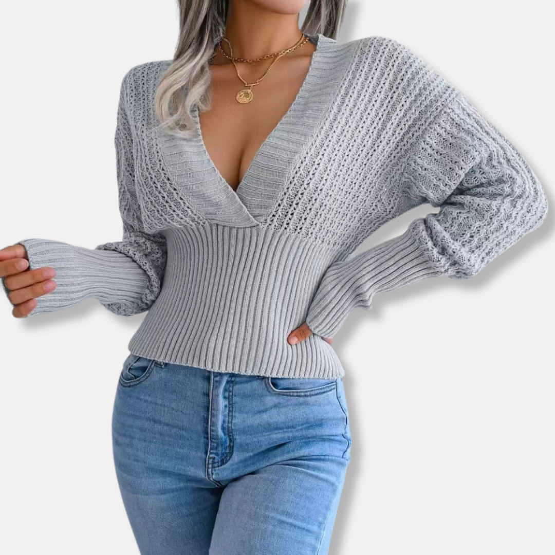 Women's Knit Top – Slim Fit – Deep V-Neck – Ribbed Edges – Open-Knit Sleeves