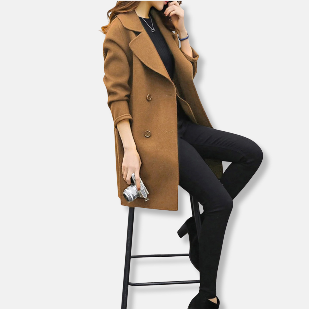Ladies Coat - Wool Mix - Straight Fit - Lapel Collar - Mid Length - Double Breasted