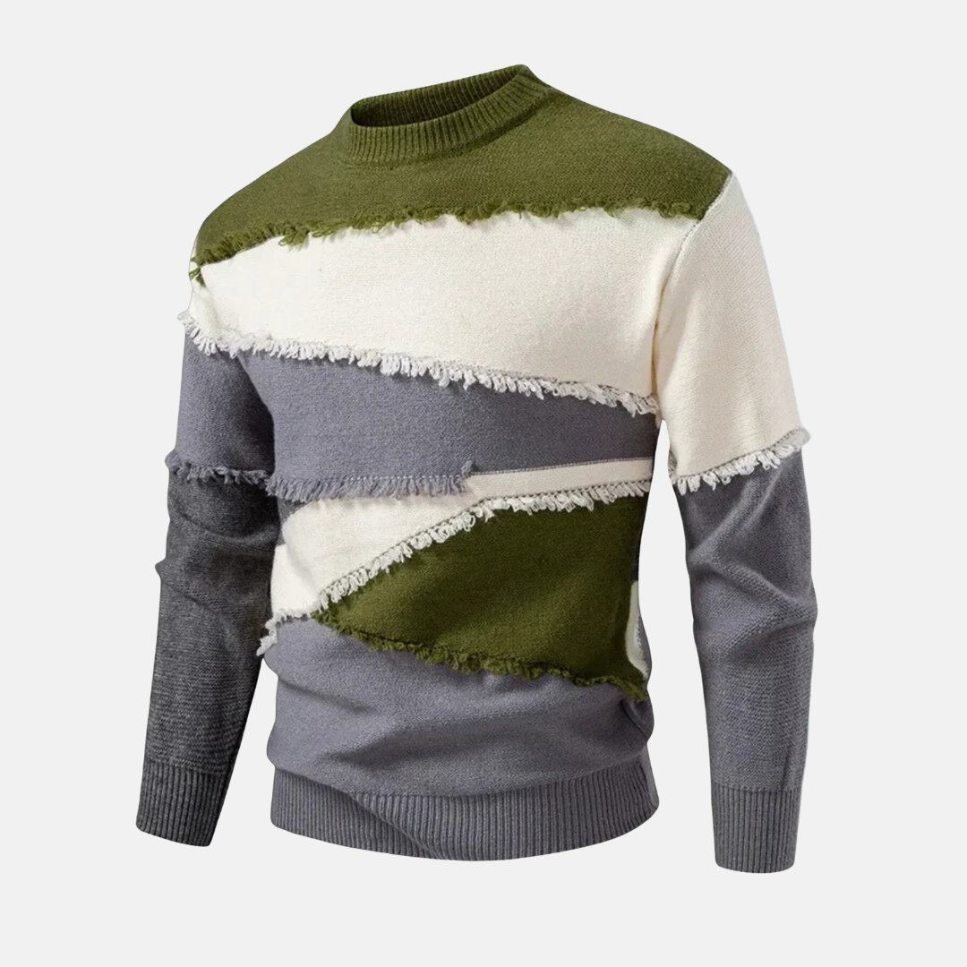Men's Sweatshirt – Regular Fit – Half Turtleneck – Cotton Blend – Colorblock with Frayed Edges