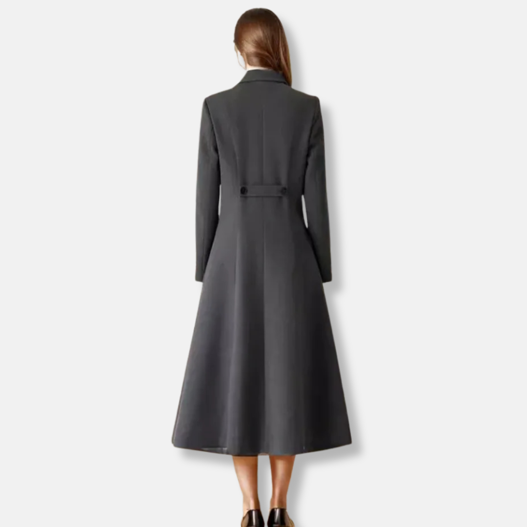 Long Women's Coat – Tailored Fit – Wool Blend – A-line Model – Double Button Row – Classic Lapel Collar