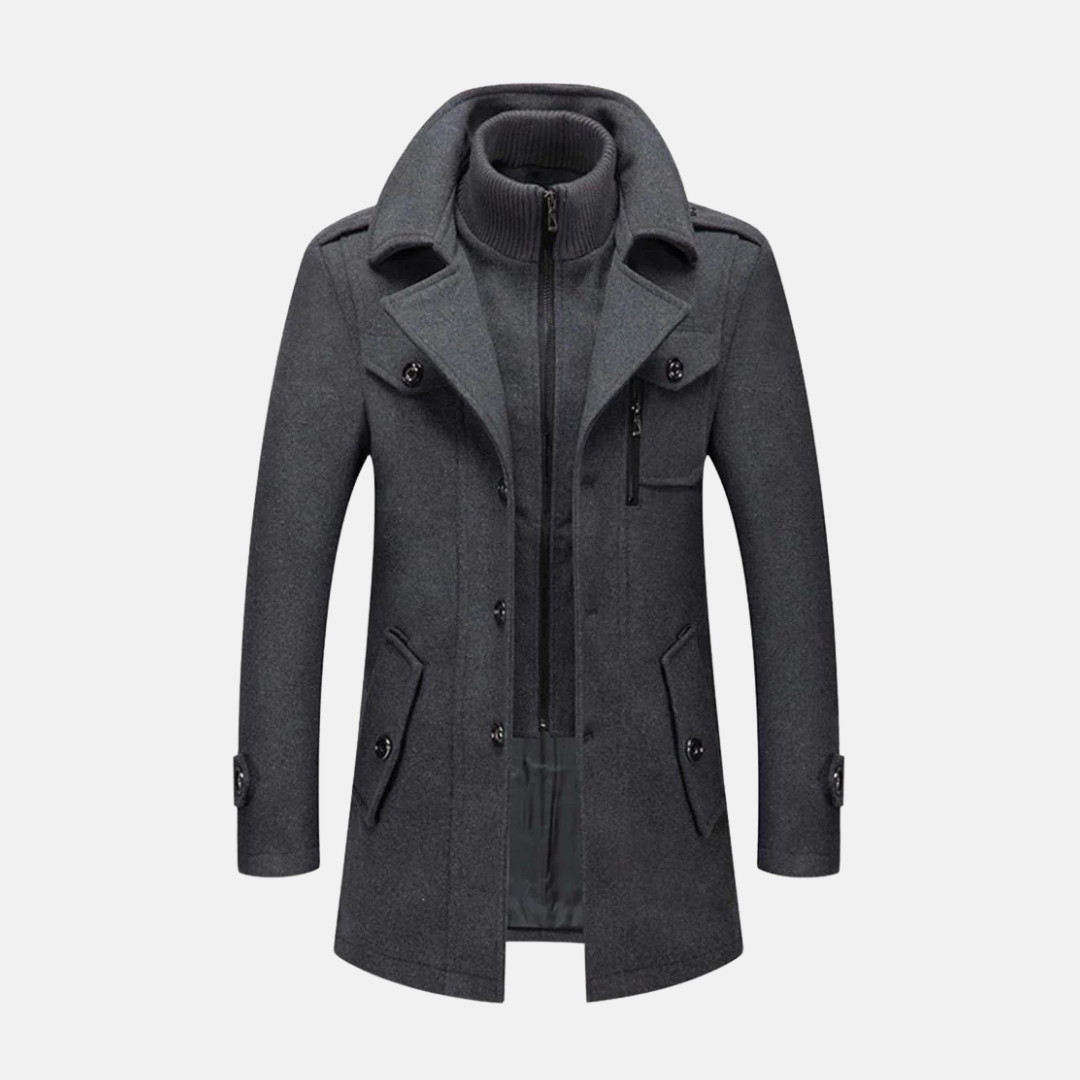 Men's Coat – Slim Fit Wool – Double Collar with Zipper Closure – Epaulettes and Pocket Details