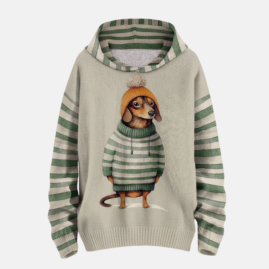 Women's hoodie – Relaxed fit – Cartoon dog print – Striped sleeves