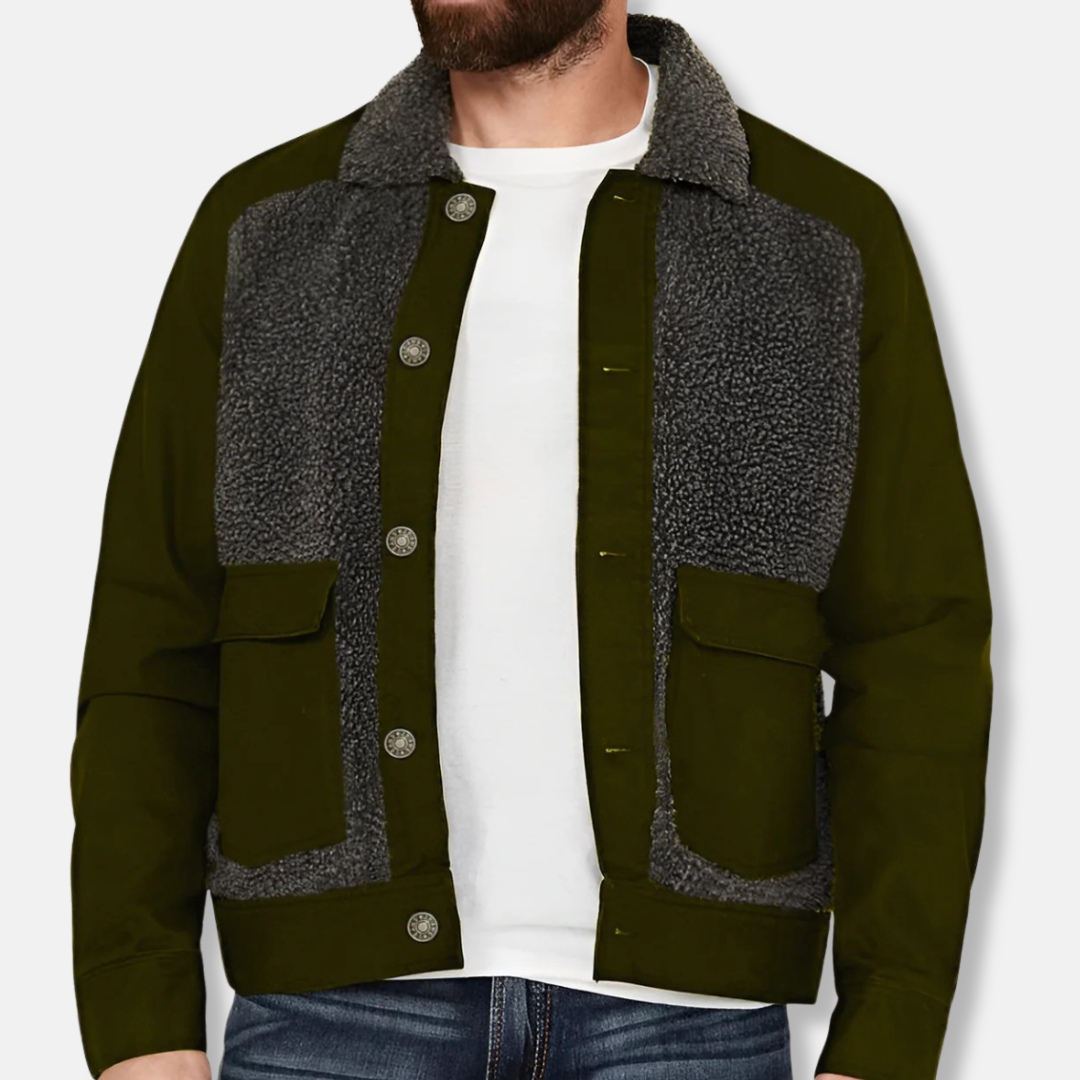 Men's trucker jacket – Regular fit – Sherpa collar – Patchwork design – Hip-length model
