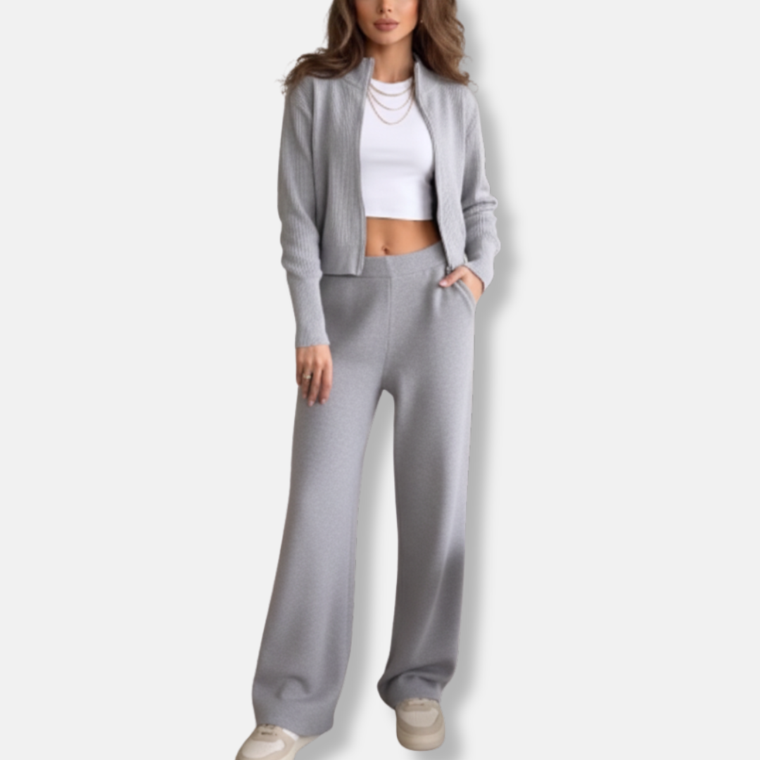 Ladies Two-Piece Set – Knitted – Cropped Zip-Top – High Waist Wide Leg Pants