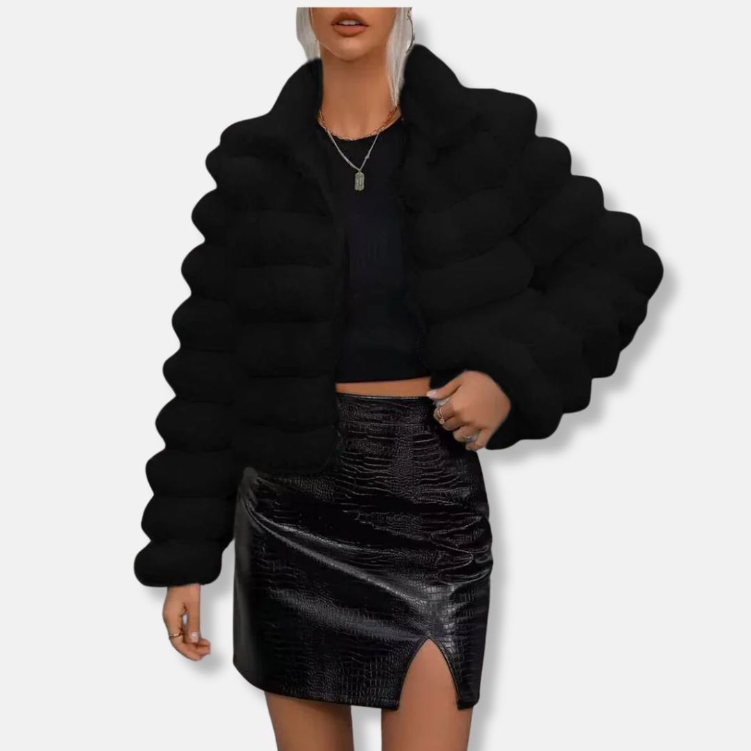 Women's Coat – Faux Fur – Cropped Fit – Panels – Stand-up Collar – Long Sleeve