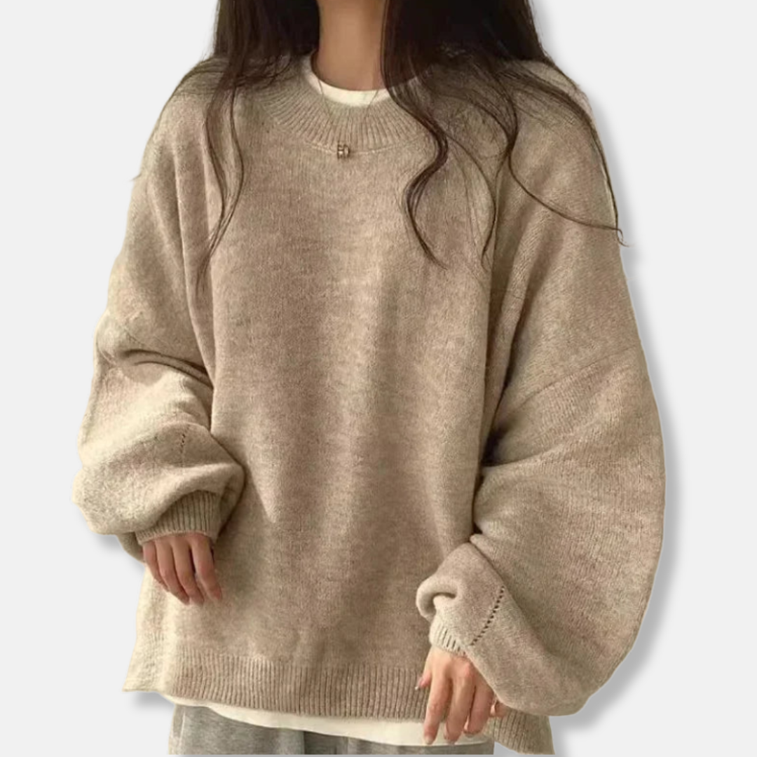 Women's Sweater – Oversized Fit – Balloon Sleeves – Round Neck – Side Slits