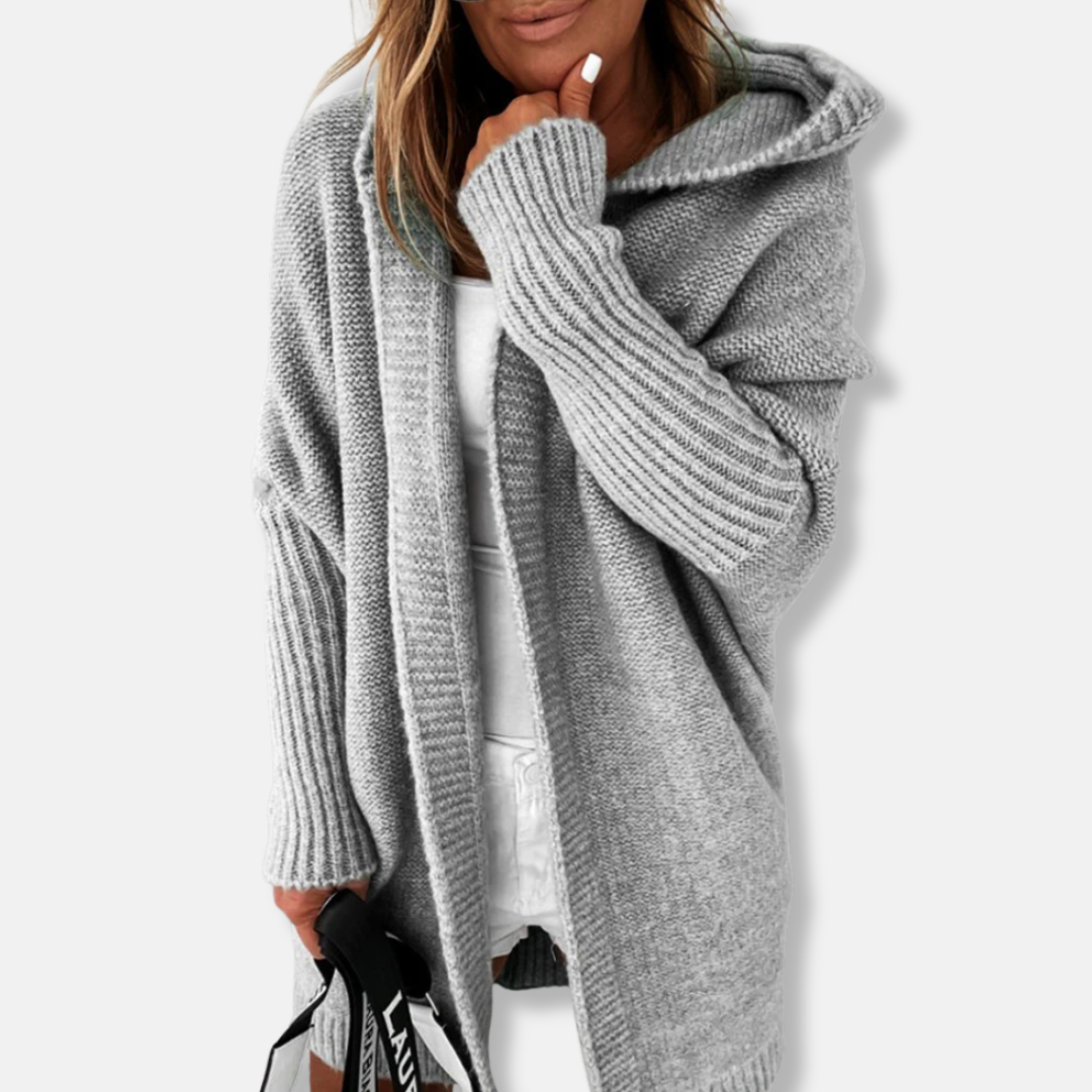 Women's Cardigan With Hood - Soft Knit - Loose Fit - Long Sleeve - Ribbed Edges