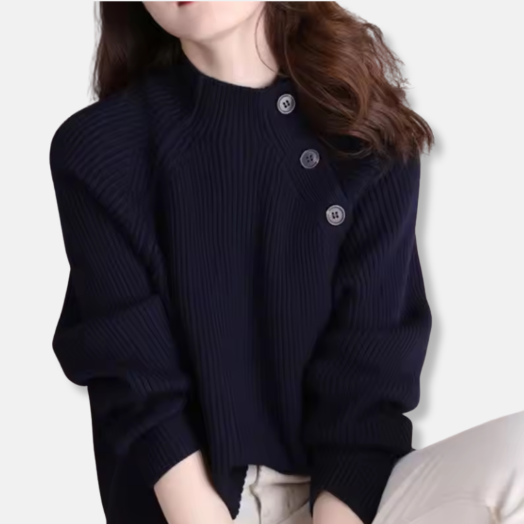 Ladies Pullover Sweater – Loose Fit – Ribbed Texture – Turtleneck – Asymmetrical Buttons