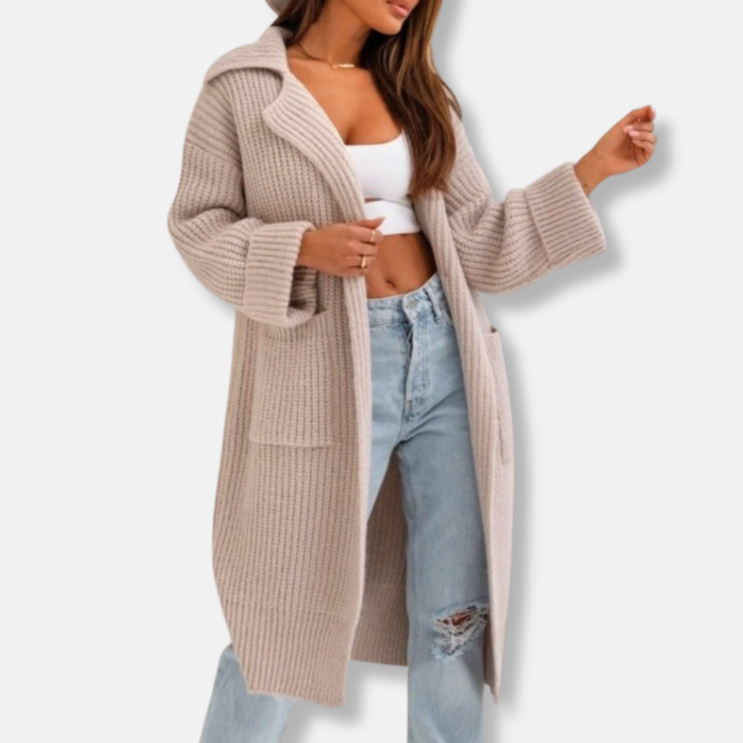 Women's long knitted coat – Oversized fit – Wool – With hood and pockets