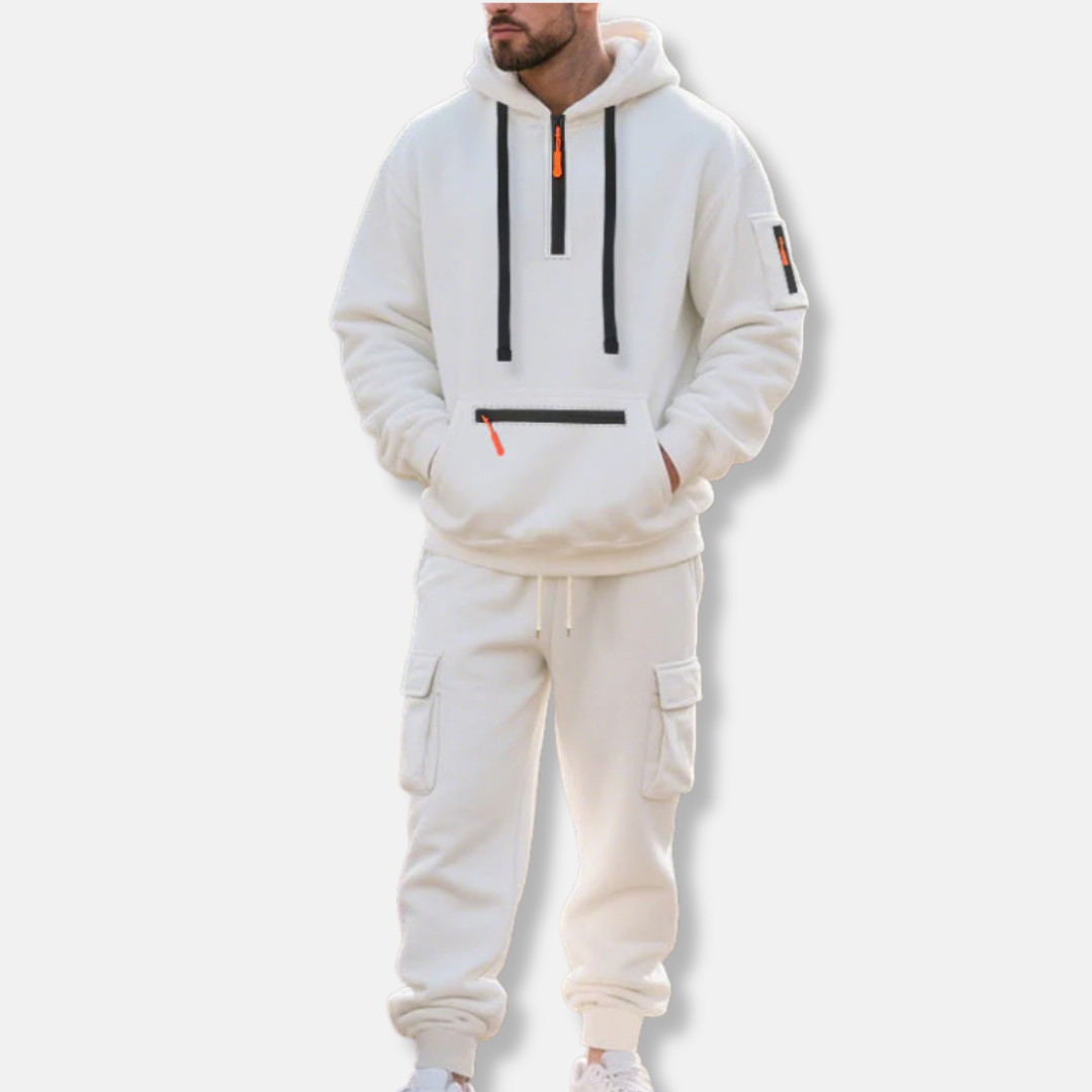 Men's Tracksuit – Relaxed Fit Hoodie with Half-Zip – Cargo Jogging Pants with Pockets