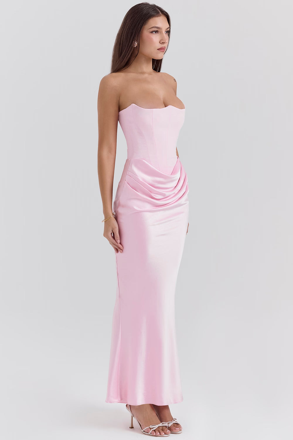 Satin Maxi Corset Dress in Pink