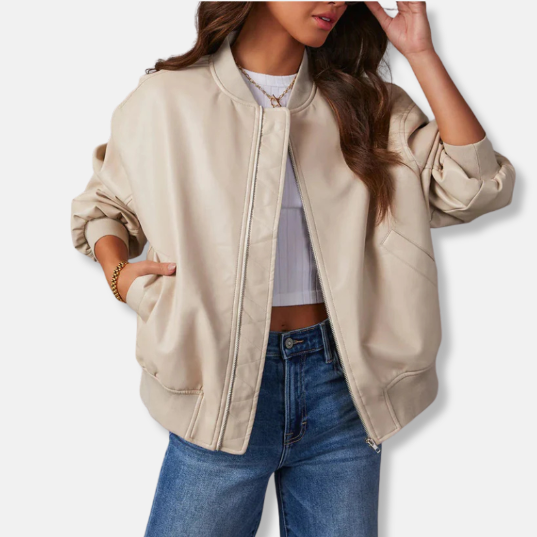 Women's leather bomber jacket – Oversized fit – Ribbed trims – Front zip fastening