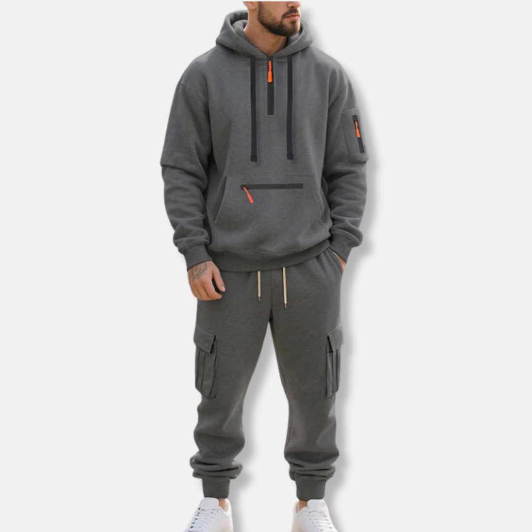 Men's Tracksuit – Relaxed Fit Hoodie with Half-Zip – Cargo Jogging Pants with Pockets