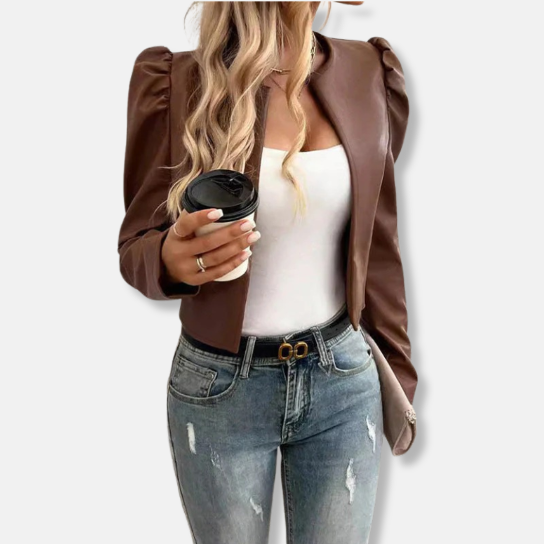 Ladies Blazer - Woven Fabric - Cropped - Collarless Neck - Puff Sleeves